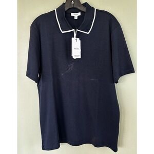 Reiss Men's Sz L Cannes Slim Fit Cotton Quarter Zip Shirt Navy Blue Flaw​​​